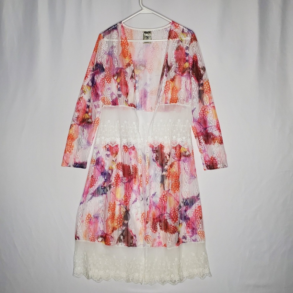 Vocal USA Women's Kimono Cardigan Lace Mesh Floral Print White Pink Orange M‎
